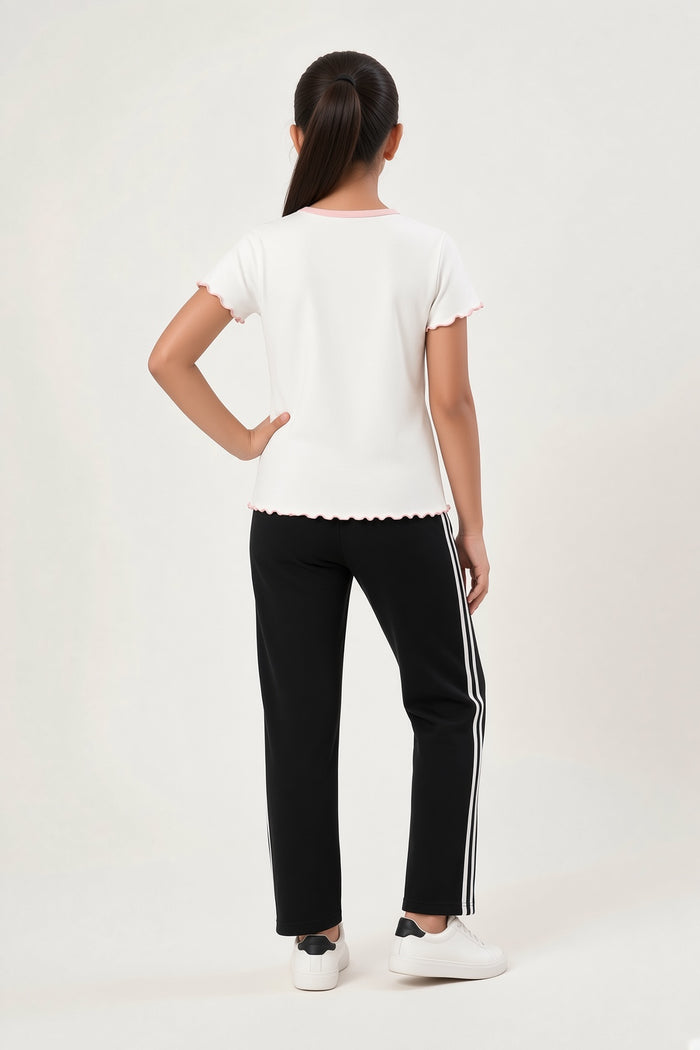 Girls’ White Frill T-Shirt & Black Striped Trouser Set (NMS) - Hinz Clothing