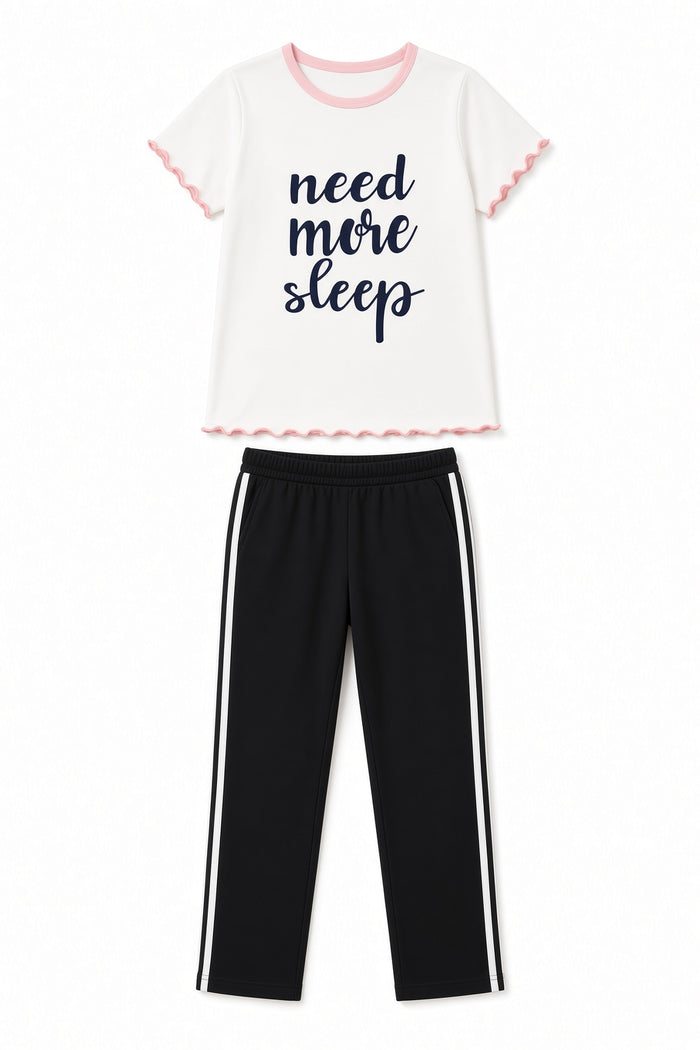 Girls’ White Frill T-Shirt & Black Striped Trouser Set (NMS) - Hinz Clothing