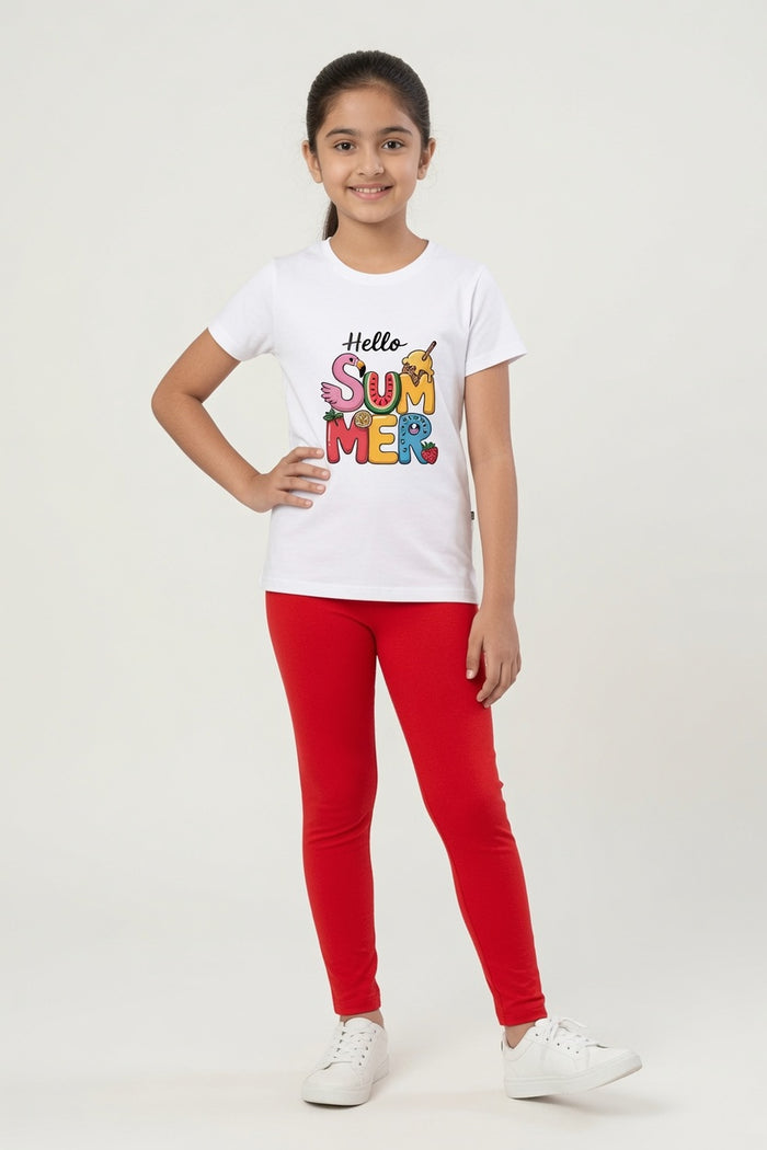 Girls White Hello Summer Printed T-Shirt & Red 1x1 Rib Leggings Set