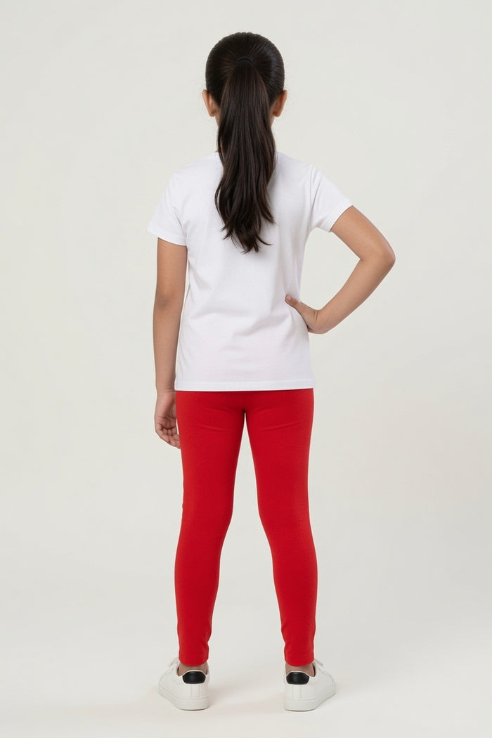 Girls White Hello Summer Printed T-Shirt & Red 1x1 Rib Leggings Set