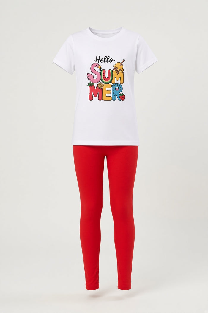 Girls White Hello Summer Printed T-Shirt & Red 1x1 Rib Leggings Set