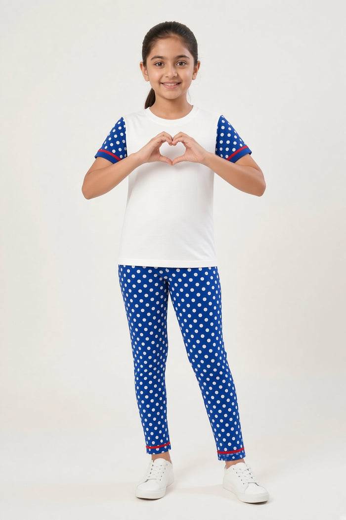 Girls White Polka Dot Printed T-Shirt & Blue Trouser Set