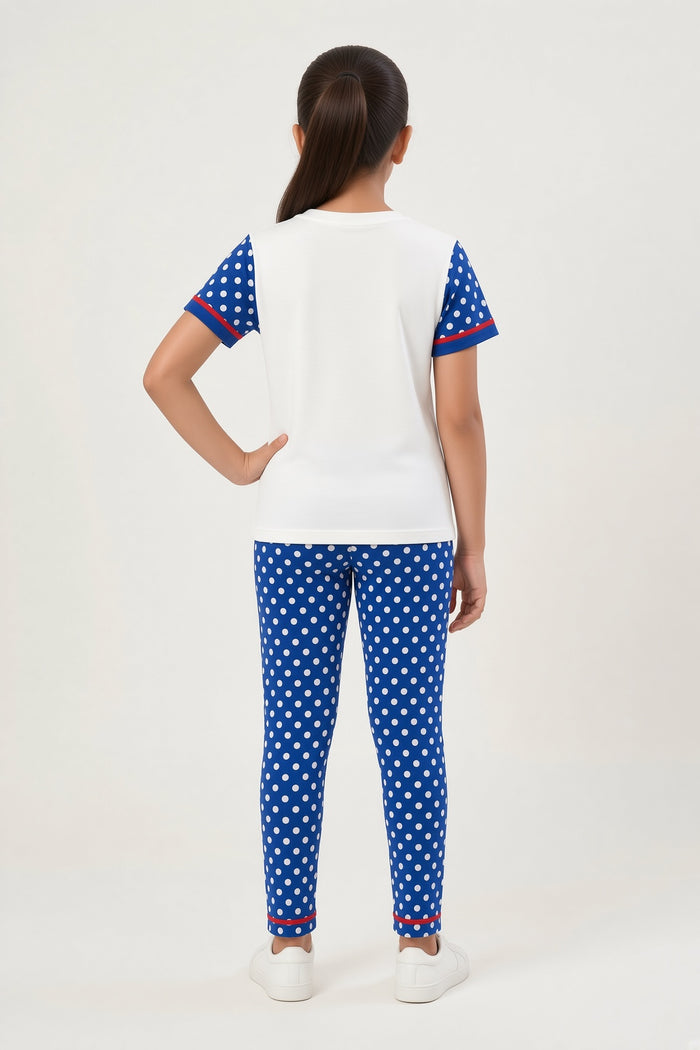 Girls White Polka Dot Printed T-Shirt & Blue Trouser Set