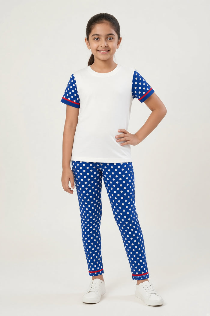 Girls White Polka Dot Printed T-Shirt & Blue Trouser Set