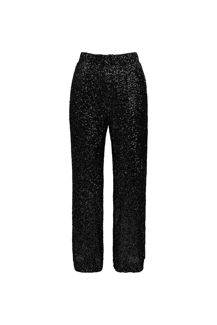 The Gloria Pants in Black Sequin by Ivy City Co feature a straight-leg cut and elastic waistband for a maternity-friendly, comfortable fit—ideal for festive events. Shown on a white background.