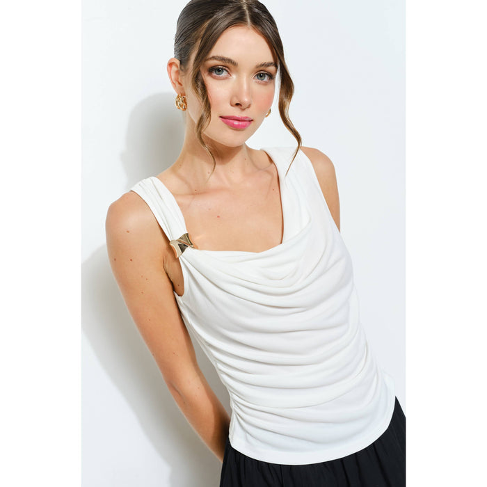 Style the Gold Accent Draped Cowl Neck Sleeveless Top exclusively at Born To Glam