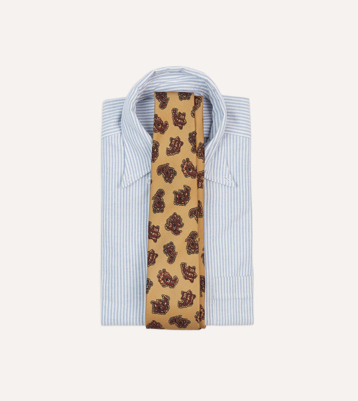 Gold and Red Paisley Motif Print Silk Self Tipped Tie