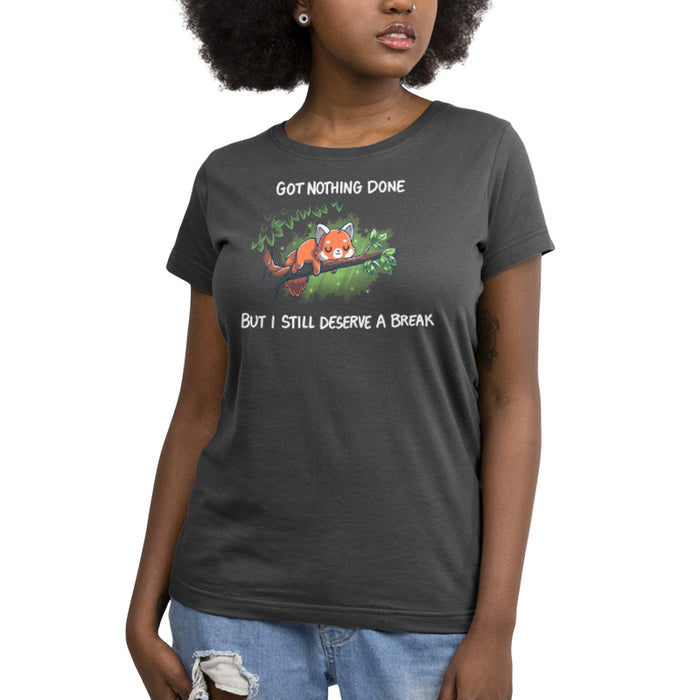 Premium Cotton T-shirt_TeeTurtle Got Nothing Done Charcoal Gray t-shirt featuring a cute red panda lounging on a tree branch with the text above stating, "Got Nothing Done" and below, "But I still deserve a break."