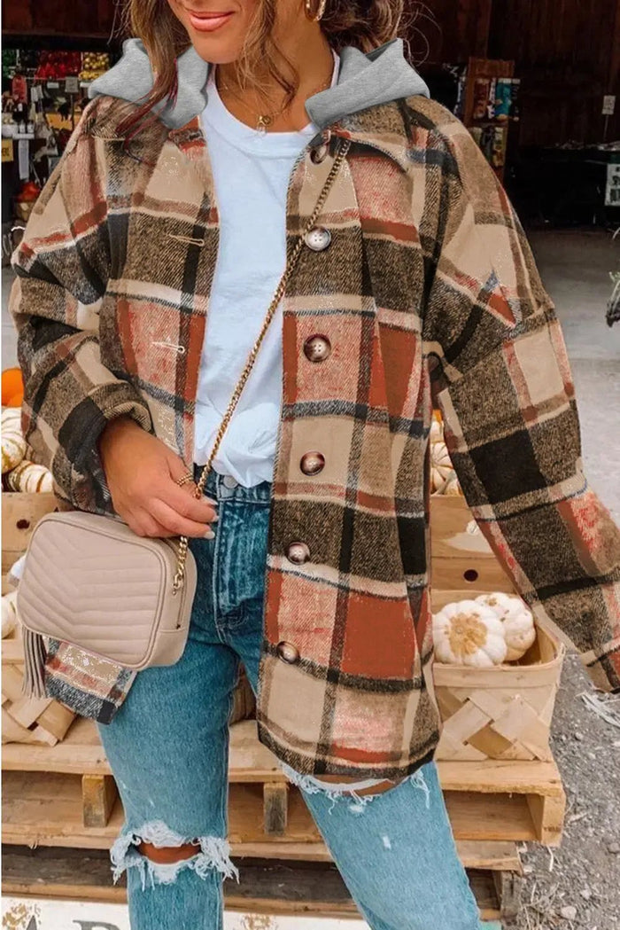 Green Hooded Plaid Button Front Shacket - Outerwear/Plaid Shackets