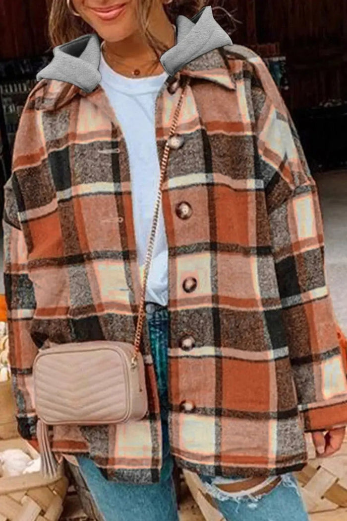 Green Hooded Plaid Button Front Shacket - Outerwear/Plaid Shackets
