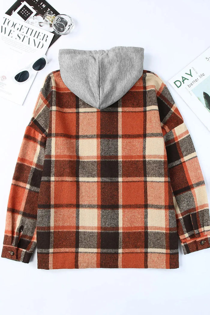 Green Hooded Plaid Button Front Shacket - Outerwear/Plaid Shackets