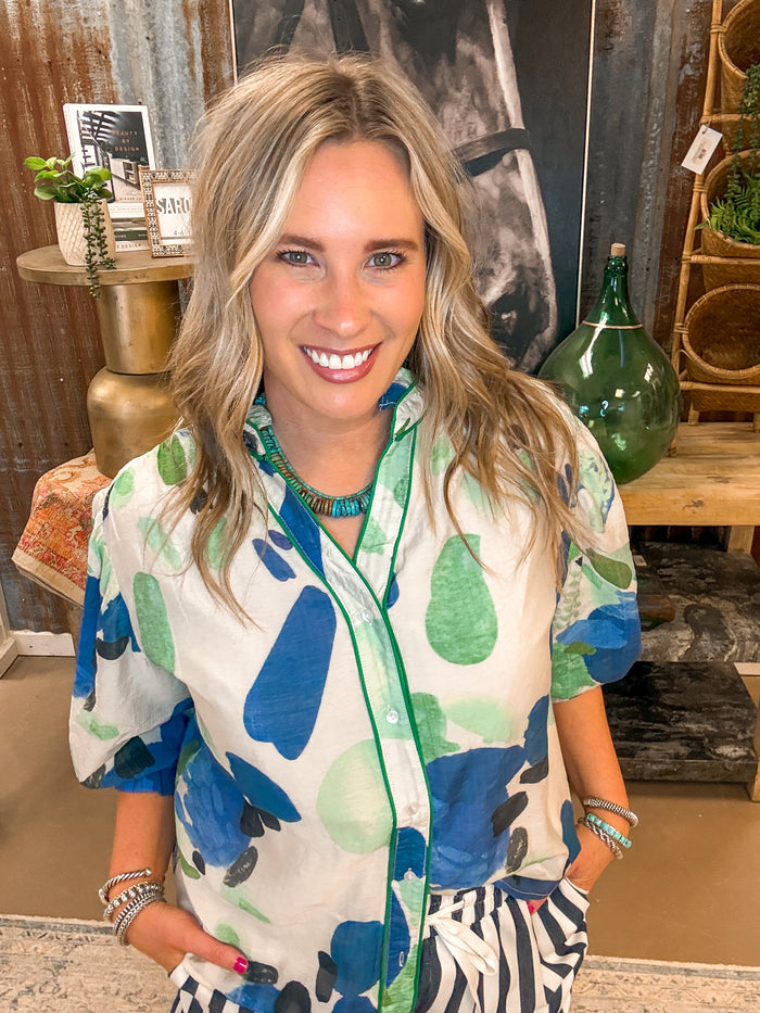 GREEN PIPED BLOUSE