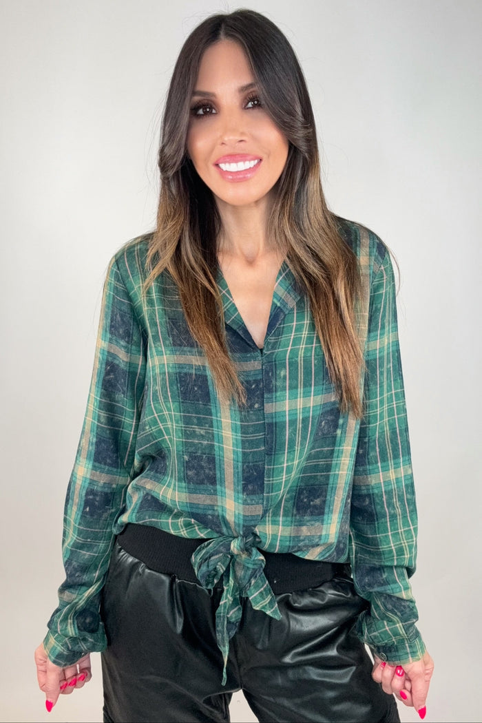 Style the Green Plaid Tie Front Shirt exclusively at Born To Glam
