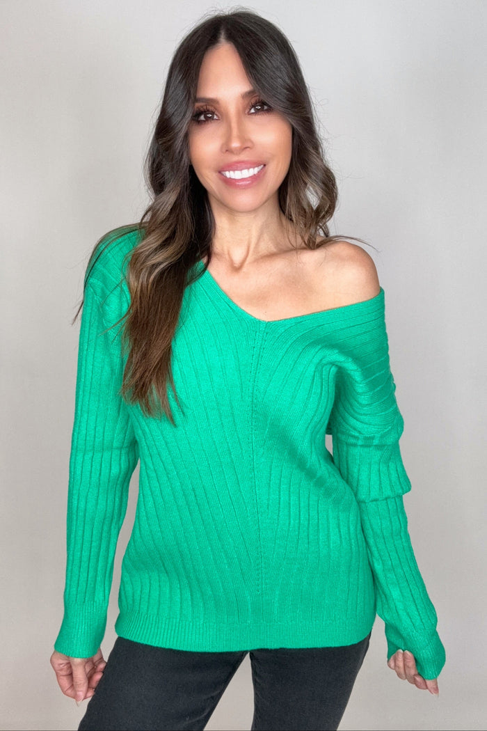 Style the Green V-Neck Drop Shoulder Ribbed Knitted Sweater exclusively at Born To Glam
