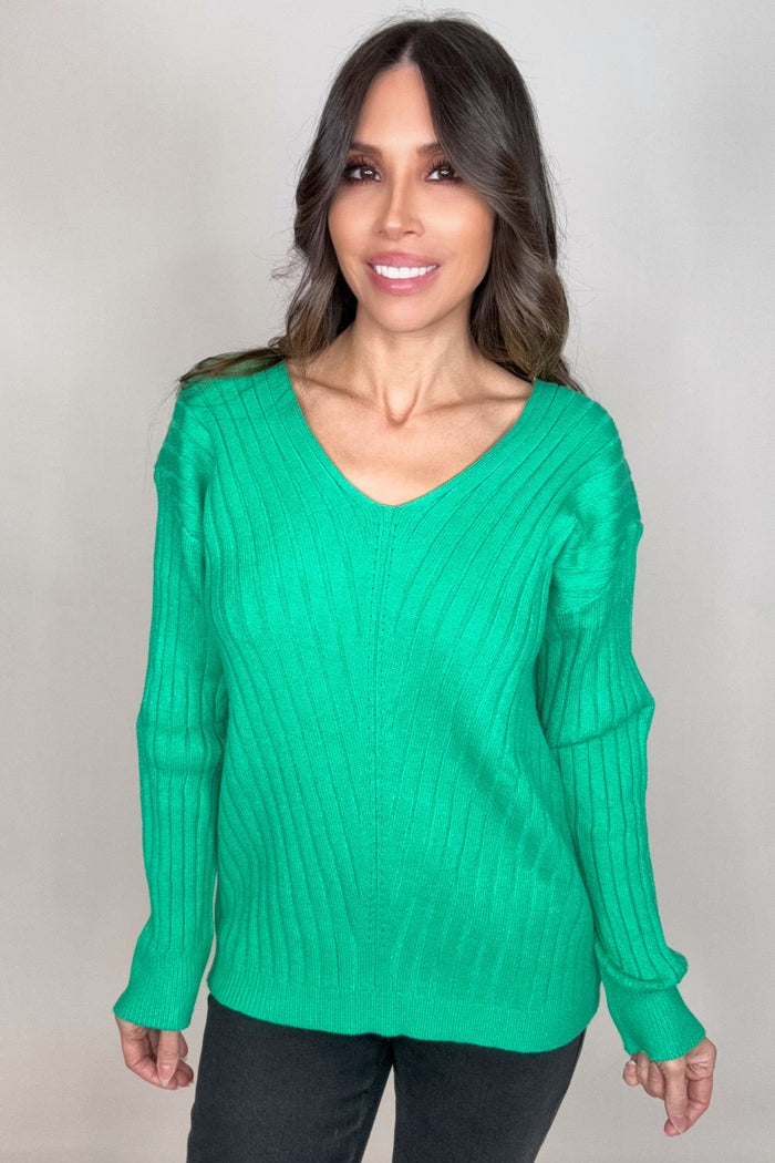 Style the Green V-Neck Drop Shoulder Ribbed Knitted Sweater exclusively at Born To Glam