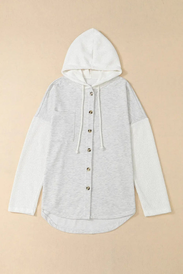 Grey Button Up Contrast Knitted Sleeves Hooded Jacket - Outerwear/Jackets