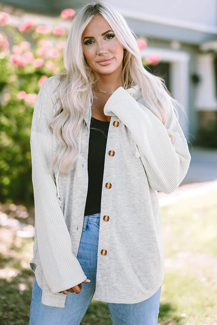 Grey Button Up Contrast Knitted Sleeves Hooded Jacket - GRAY / S / 80% POLYESTER + 20% COTTON - Outerwear/Jackets