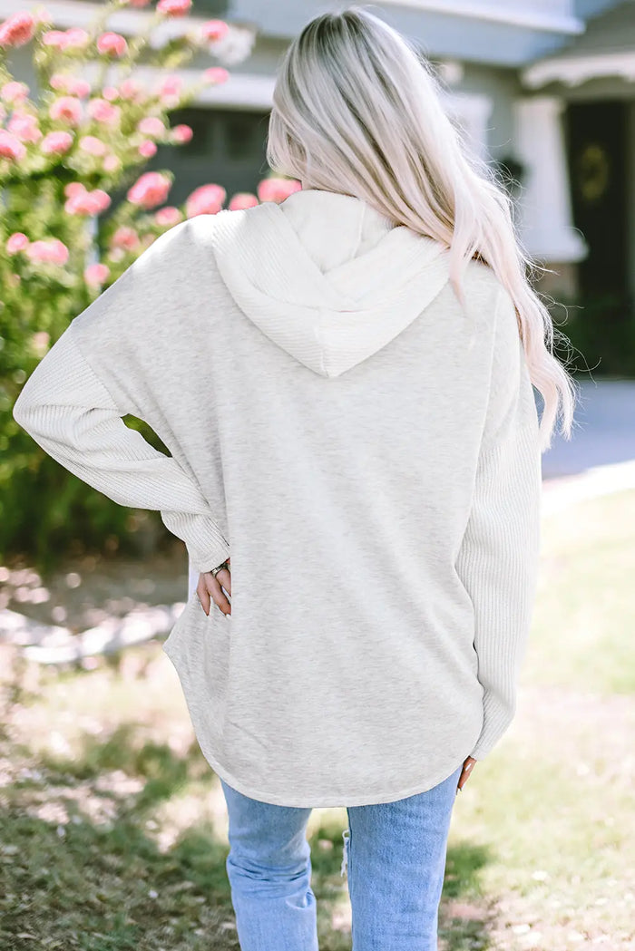 Grey Button Up Contrast Knitted Sleeves Hooded Jacket - Outerwear/Jackets
