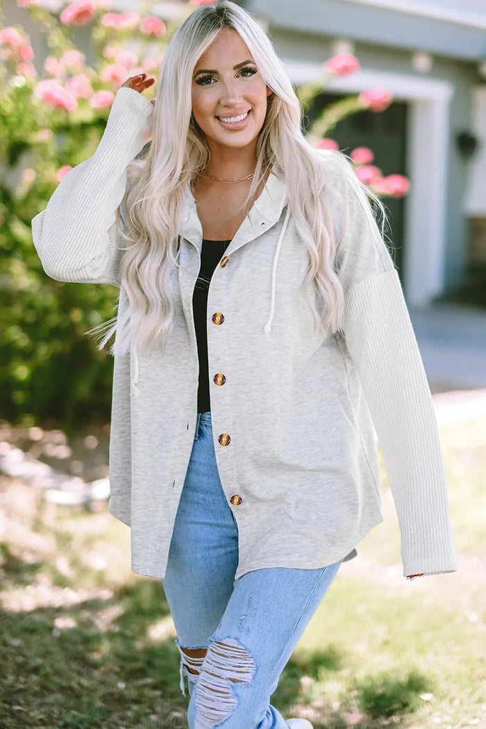 Grey Button Up Contrast Knitted Sleeves Hooded Jacket - Outerwear/Jackets