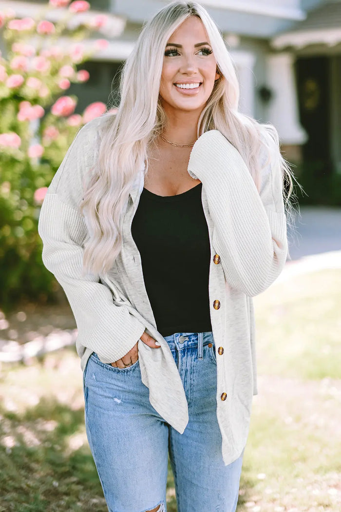 Grey Button Up Contrast Knitted Sleeves Hooded Jacket - Outerwear/Jackets
