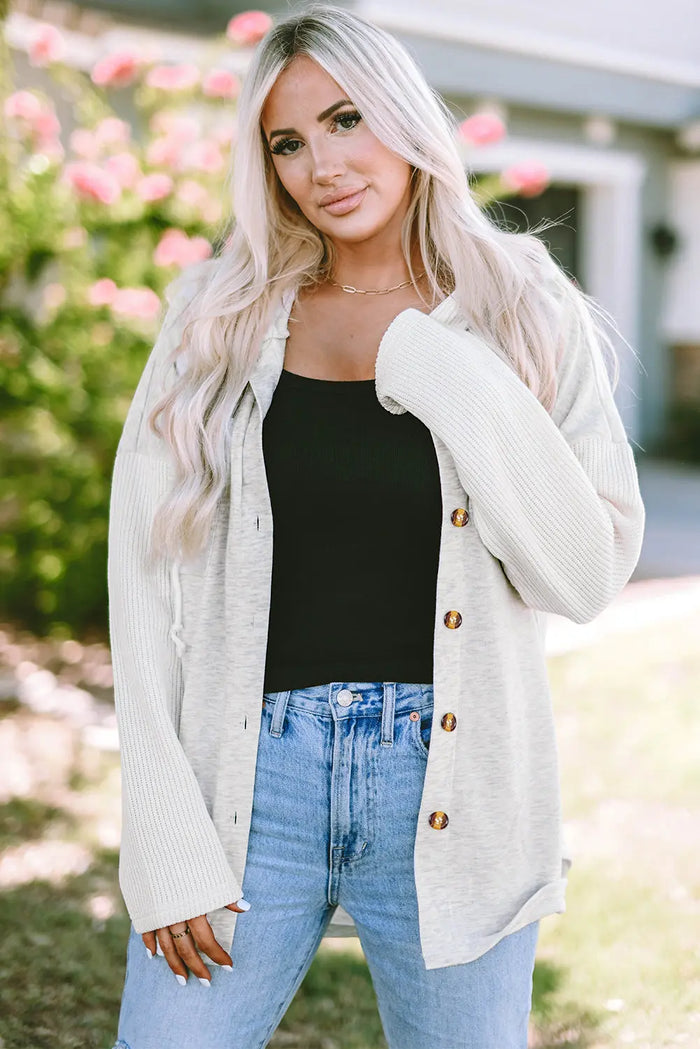 Grey Button Up Contrast Knitted Sleeves Hooded Jacket - Outerwear/Jackets