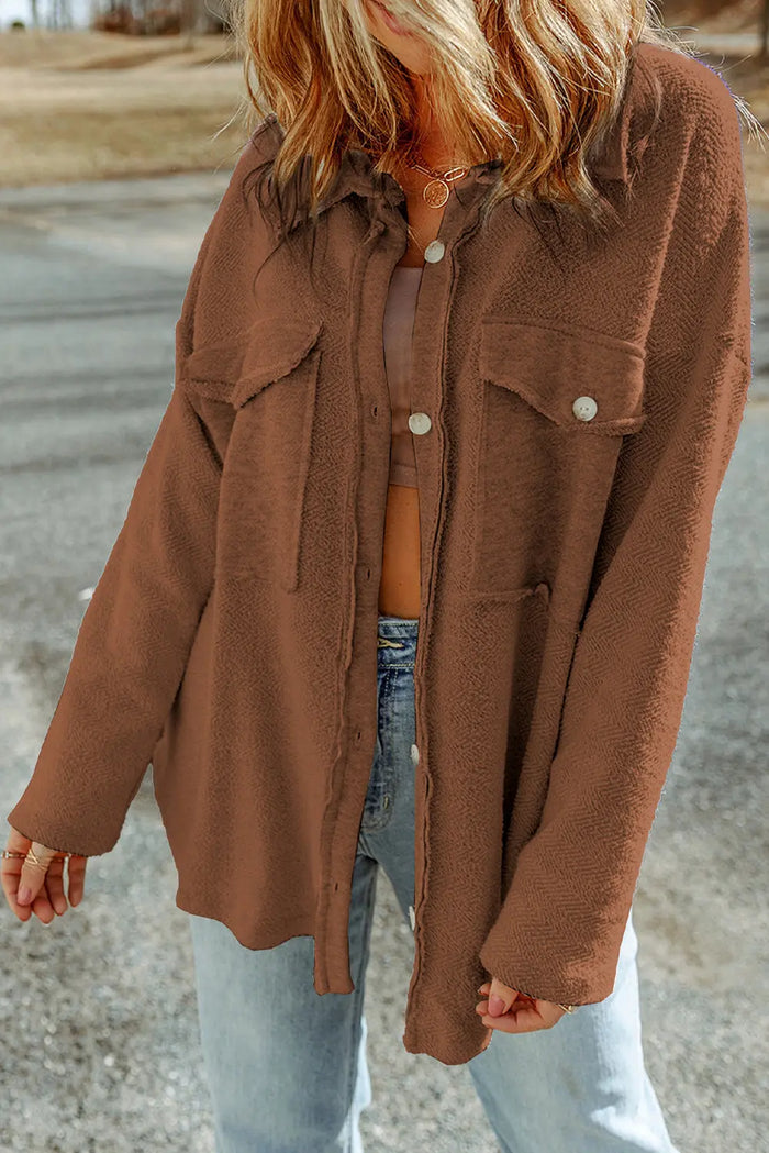 Grey Contrast Flap Pockets Relaxed Shacket - Outerwear/Jackets