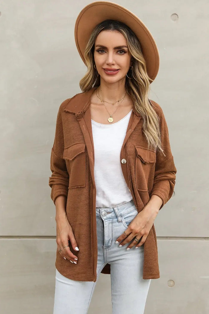 Grey Contrast Flap Pockets Relaxed Shacket - Outerwear/Jackets