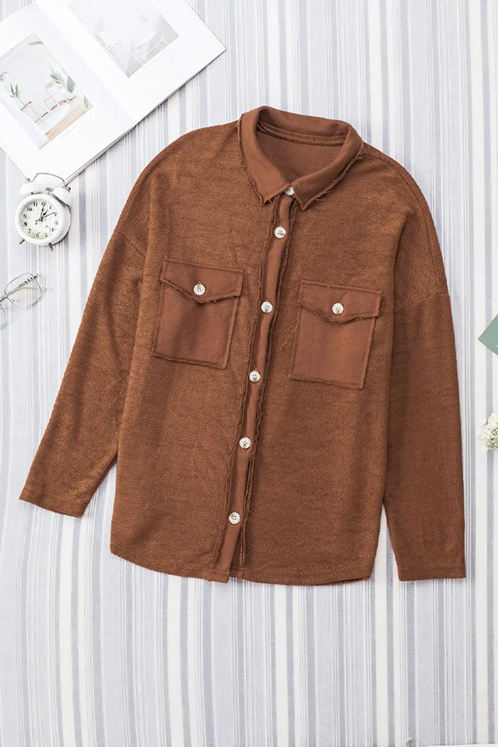 Grey Contrast Flap Pockets Relaxed Shacket - Outerwear/Jackets
