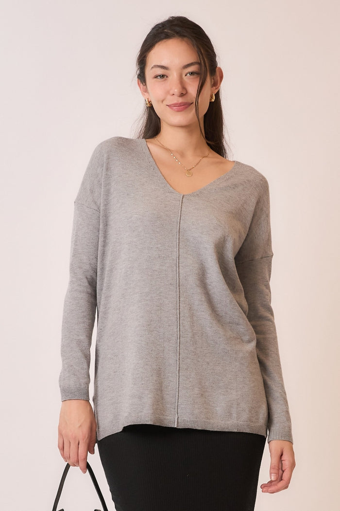 Style the Grey Soft Fine Knit Exposed Seam V-neck Sweater exclusively at Born To Glam