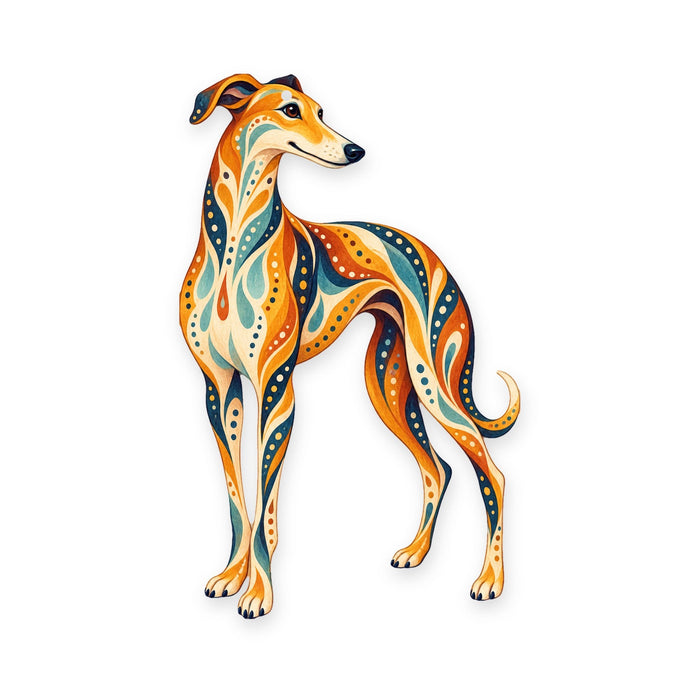 Greyhound folk art ornament O450 on white, laser-cut maple wood, made in USA