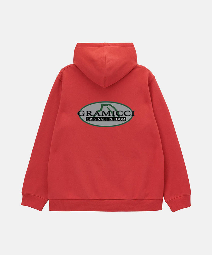 Back view of a Gramicci crimson red Half Dome Hooded Sweatshirt with beige and green graphic against a light tone background.