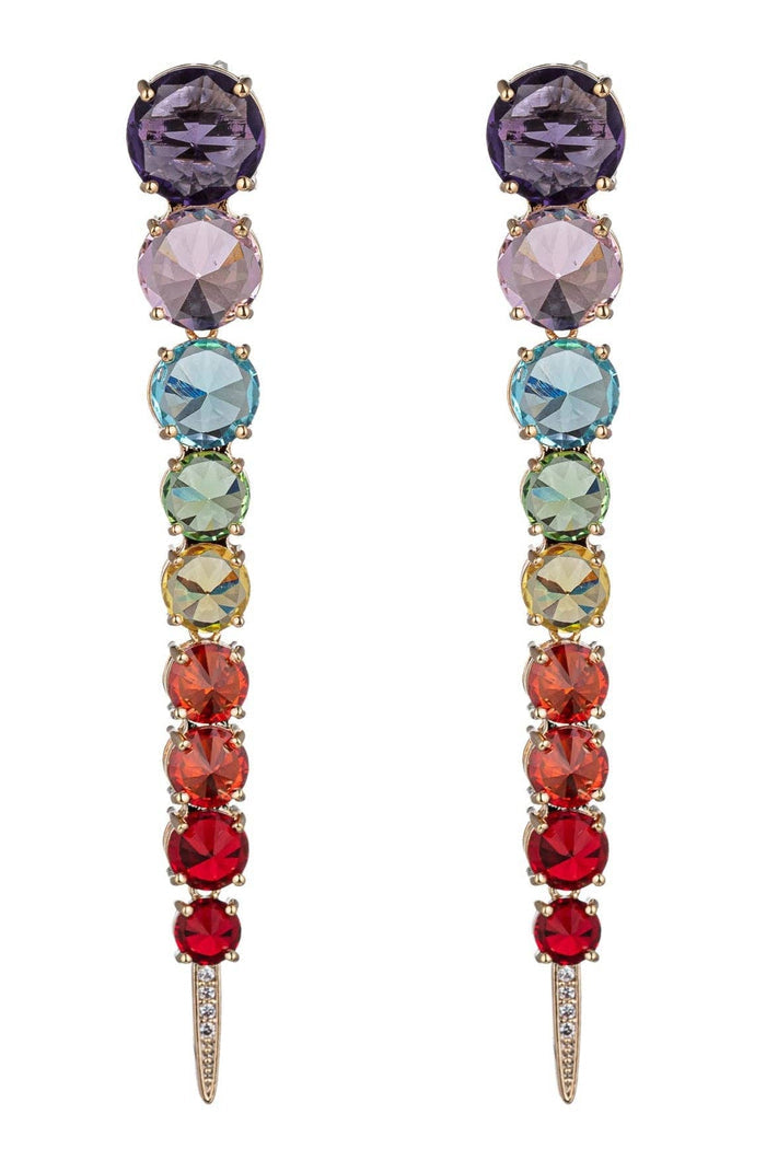 Harper rainbow cubic zirconia drop earrings with a long linear silhouette and sparkling multicolor faceted stones.