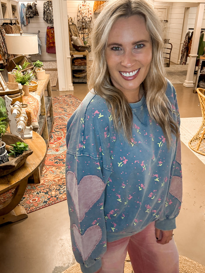 HEART ON MY SLEEVE PULLOVER, WASHED DENIM