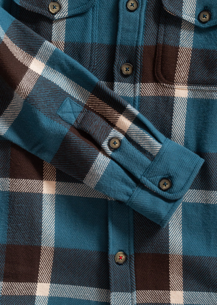 Close-up of a blue and brown plaid flannel shirt with buttoned cuffs and pockets, showcasing its detailed pattern and texture.