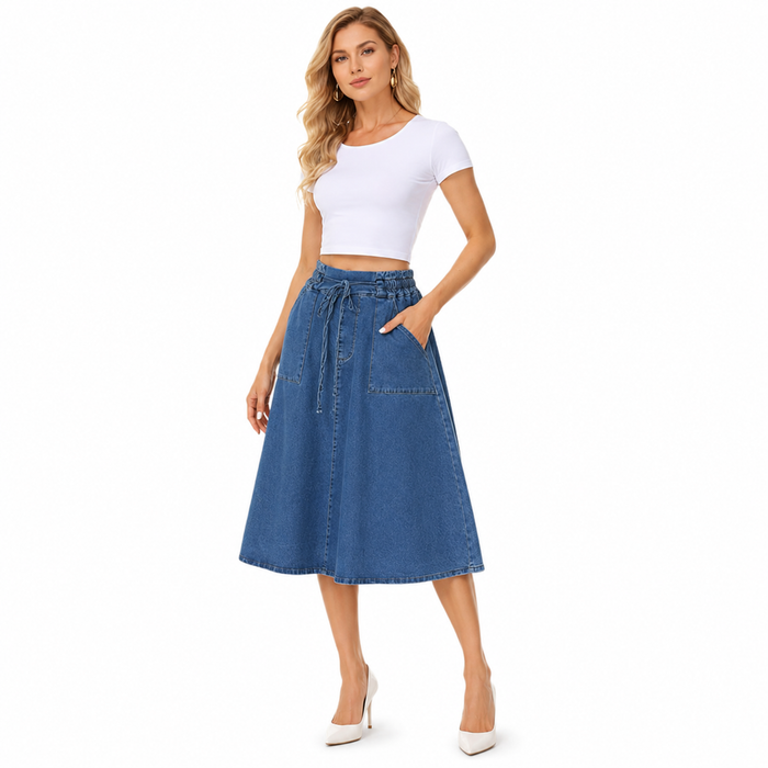 High waist denim skirt with belt in blue cotton denim, styled for casual outfits with a flattering feminine waist fit online.