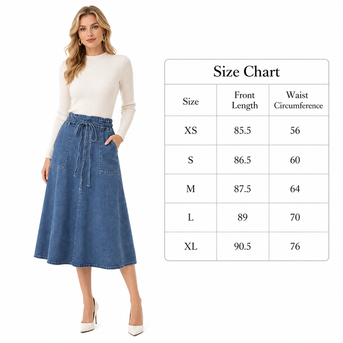Blue cotton denim skirt with high waist belt detail, clean front shape and easy everyday styling for women daily wear online.