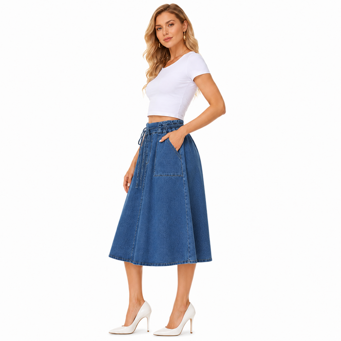 Casual blue denim skirt with waist belt and belt loops, designed for simple styling with tees blouses or knits for daily wear