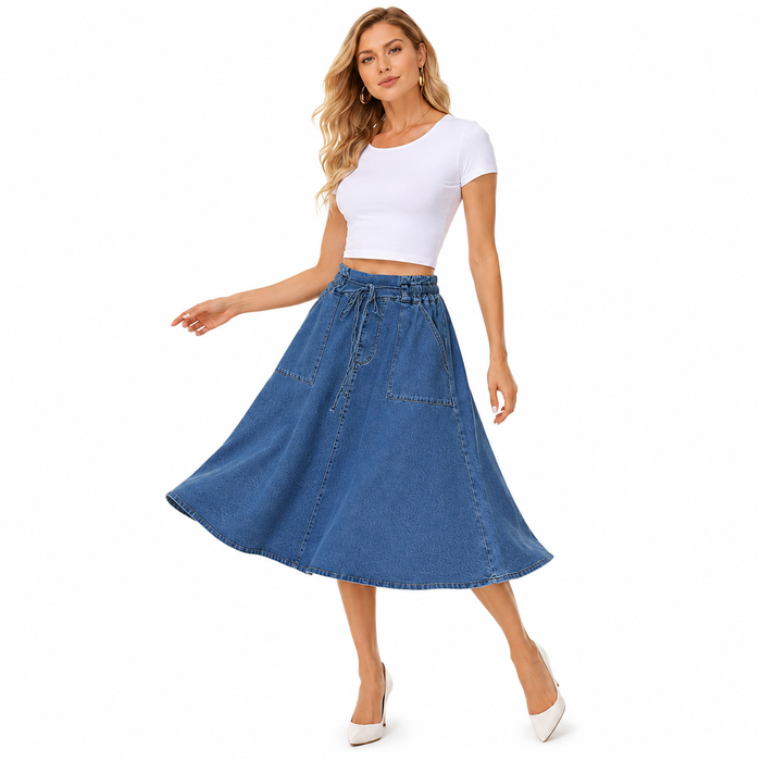 High waist blue denim skirt shown with defined waistband, inelastic cotton structure and relaxed casual fashion look in store