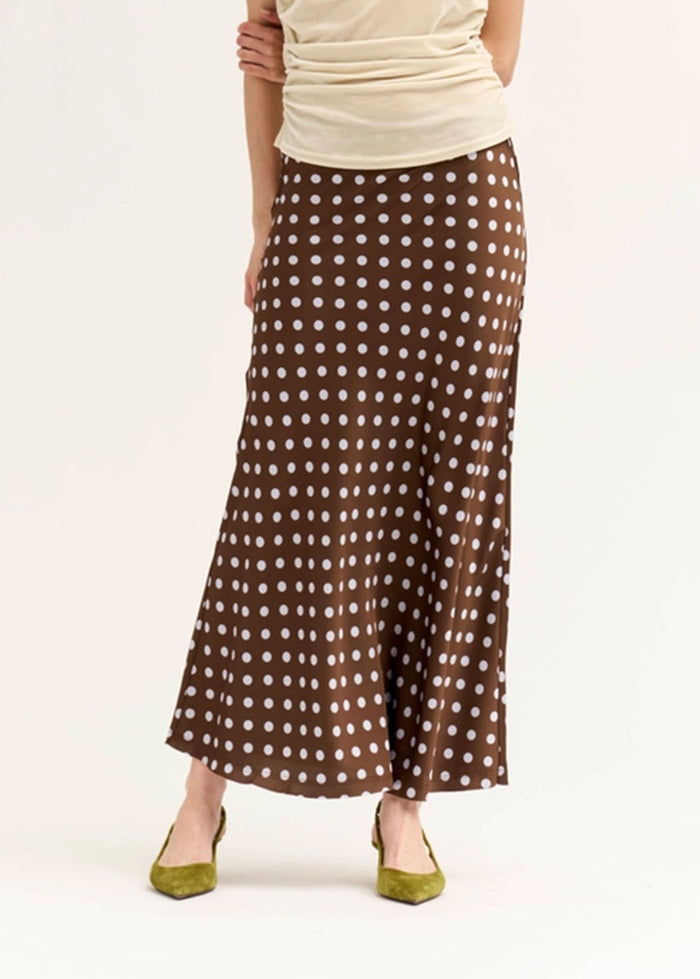 Holly Polka Dot Slip Midi Skirt - Brown Blue