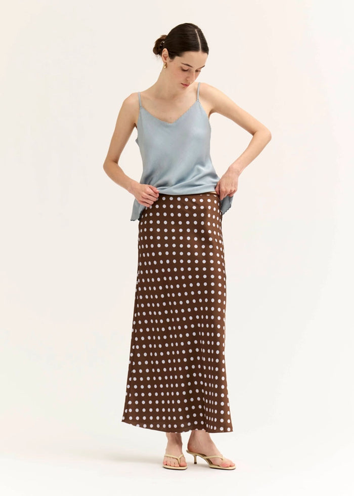 Holly Polka Dot Slip Midi Skirt - Brown Blue