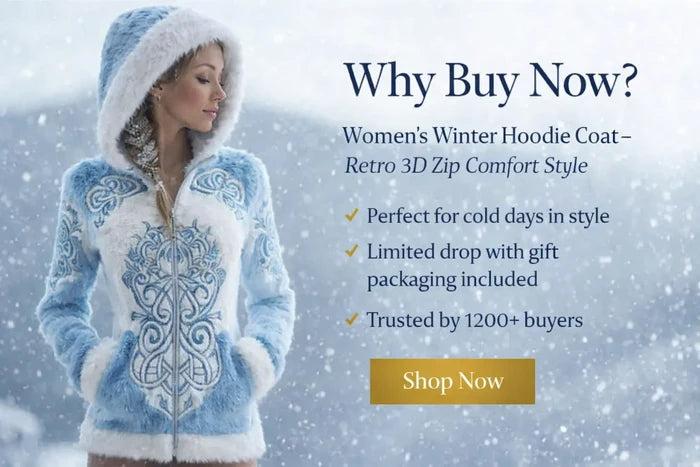 Women's hooded winter coat size guide with bust, length and sleeve measurements for sizes S through 5XL shown in cm and inch.