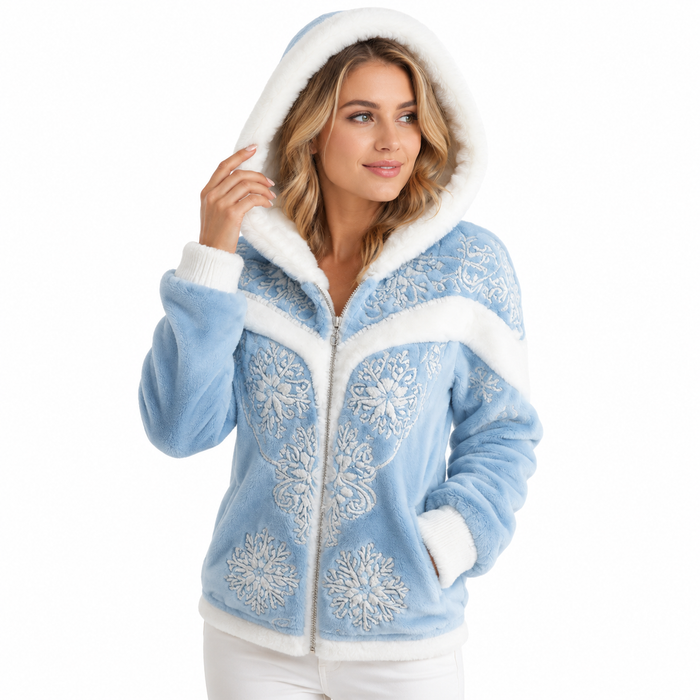 Women's winter hooded jacket in blue and white with front zipper, ornate pattern, long sleeves and practical pockets in view.