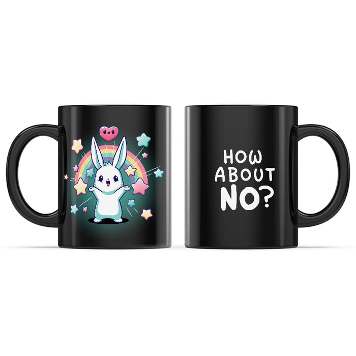 Ceramic Mug_TeeTurtle How About No? black mug featuring a bunny with its paws in the air surrounded by rainbows, hearts, and stars.