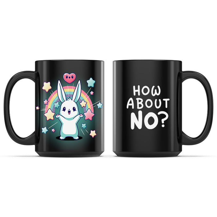 Ceramic Mug_TeeTurtle How About No? black mug featuring a bunny with its paws in the air surrounded by rainbows, hearts, and stars.