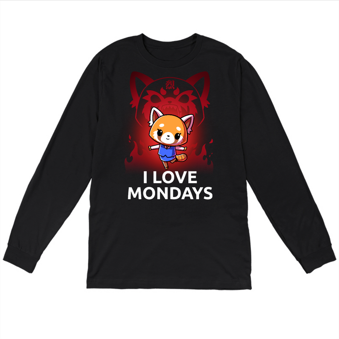 Long Sleeve T-shirt_TeeTurtle black I Love Mondays apparel featuring Retsuko in a happy pose with a red enraged spirit projection of her in the background, and the caption, “I Love Mondays“.