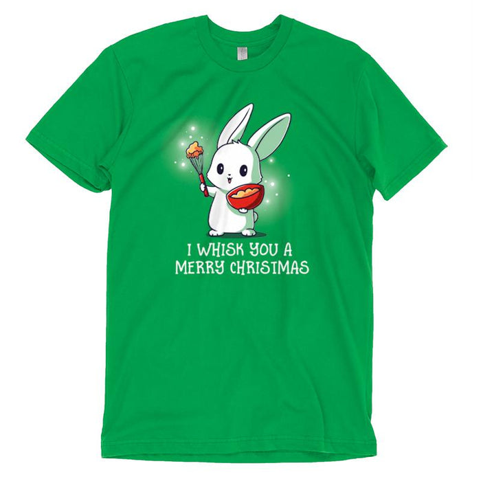 Premium Cotton T-shirt_TeeTurtle I Whisk You a Merry Christmas apple apparel featuring a bunny holding a bowl and whisk with a holiday pun beneath it.