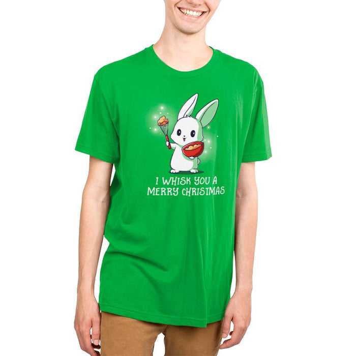 Premium Cotton T-shirt_TeeTurtle I Whisk You a Merry Christmas apple apparel featuring a bunny holding a bowl and whisk with a holiday pun beneath it.