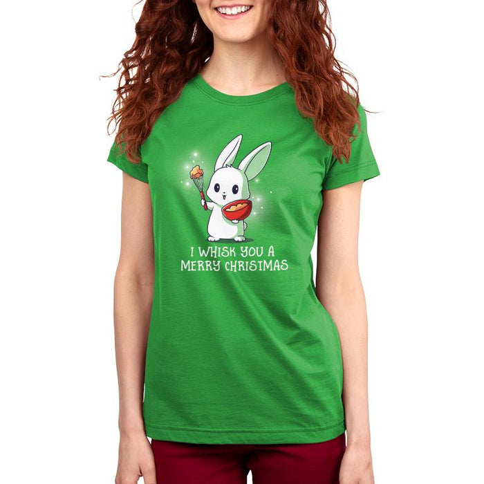 Premium Cotton T-shirt_TeeTurtle I Whisk You a Merry Christmas apple apparel featuring a bunny holding a bowl and whisk with a holiday pun beneath it.