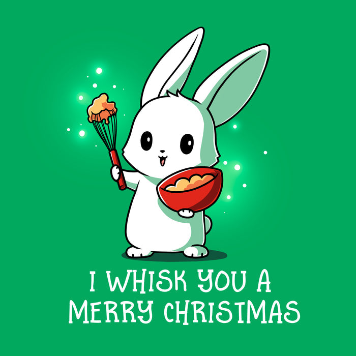 Classic Cotton T-shirt_TeeTurtle I Whisk You a Merry Christmas irish green  apparel featuring a bunny holding a bowl and whisk with a holiday pun beneath it.