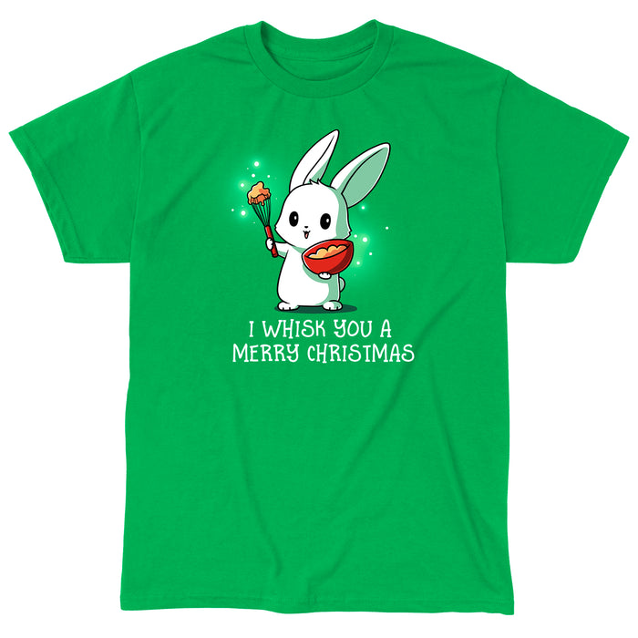 Classic Cotton T-shirt_TeeTurtle I Whisk You a Merry Christmas irish green apparel featuring a bunny holding a bowl and whisk with a holiday pun beneath it.